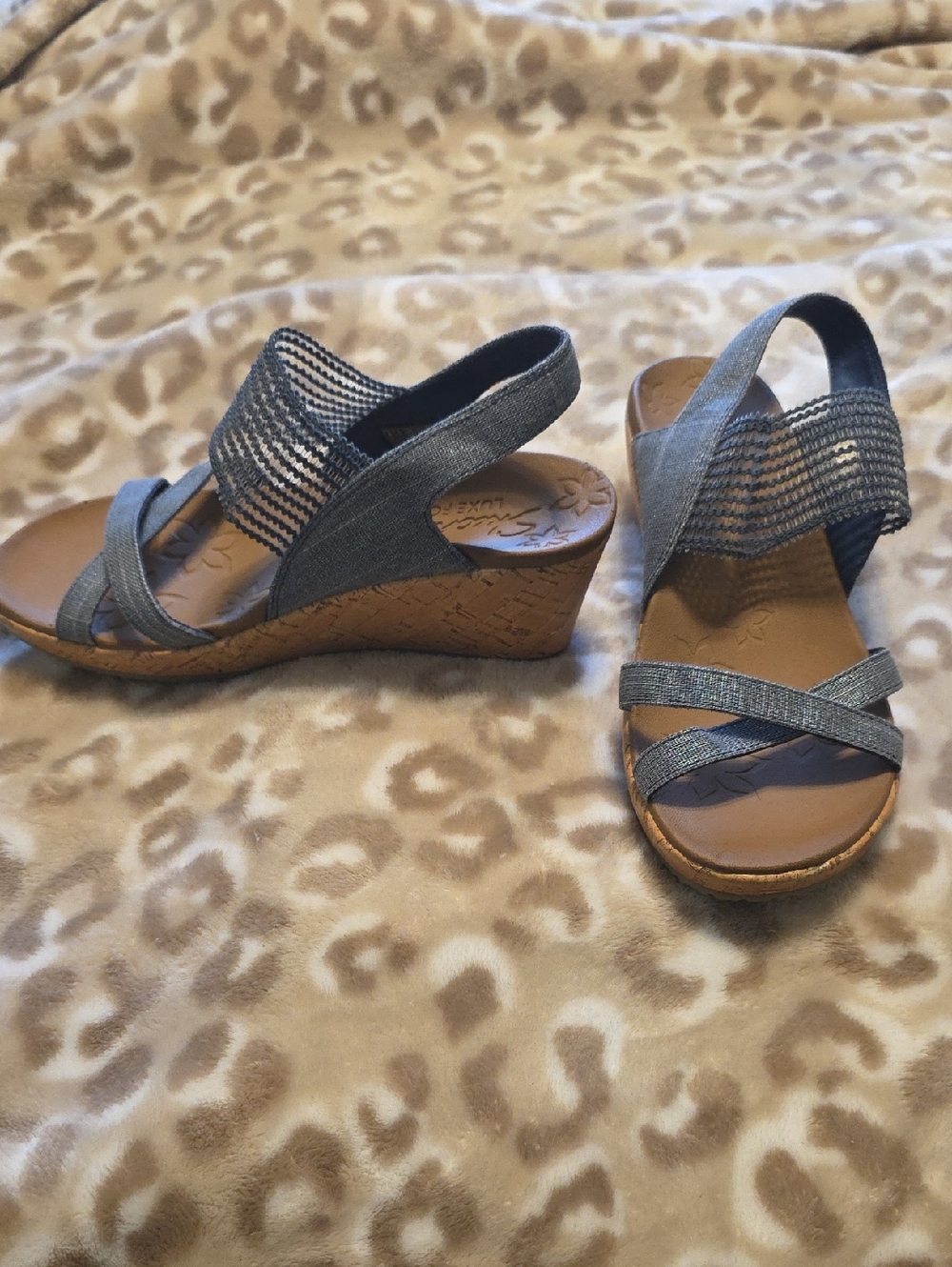 Skechers Blue Denim Elastic Strap Wedge Sandals